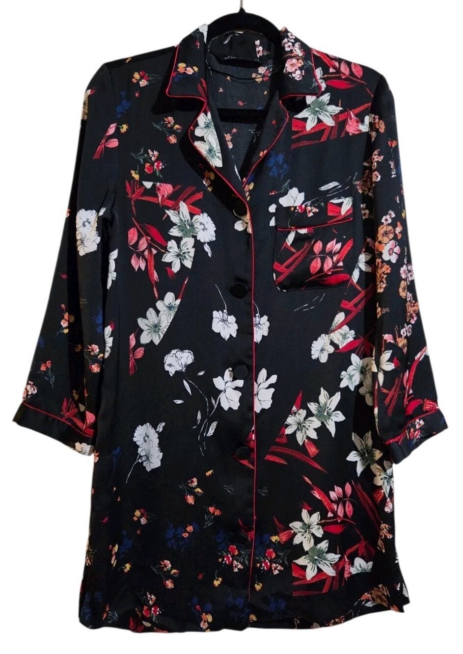 ZARA Black Floral Satin Silky long Sleeve Button Shirt Dress Pajama Style Sz XS